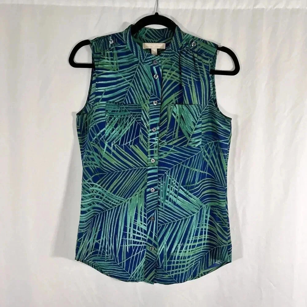 Banana Republic Silk Blouse Women's 0 Green Blue Floral Button Up Sleeveless